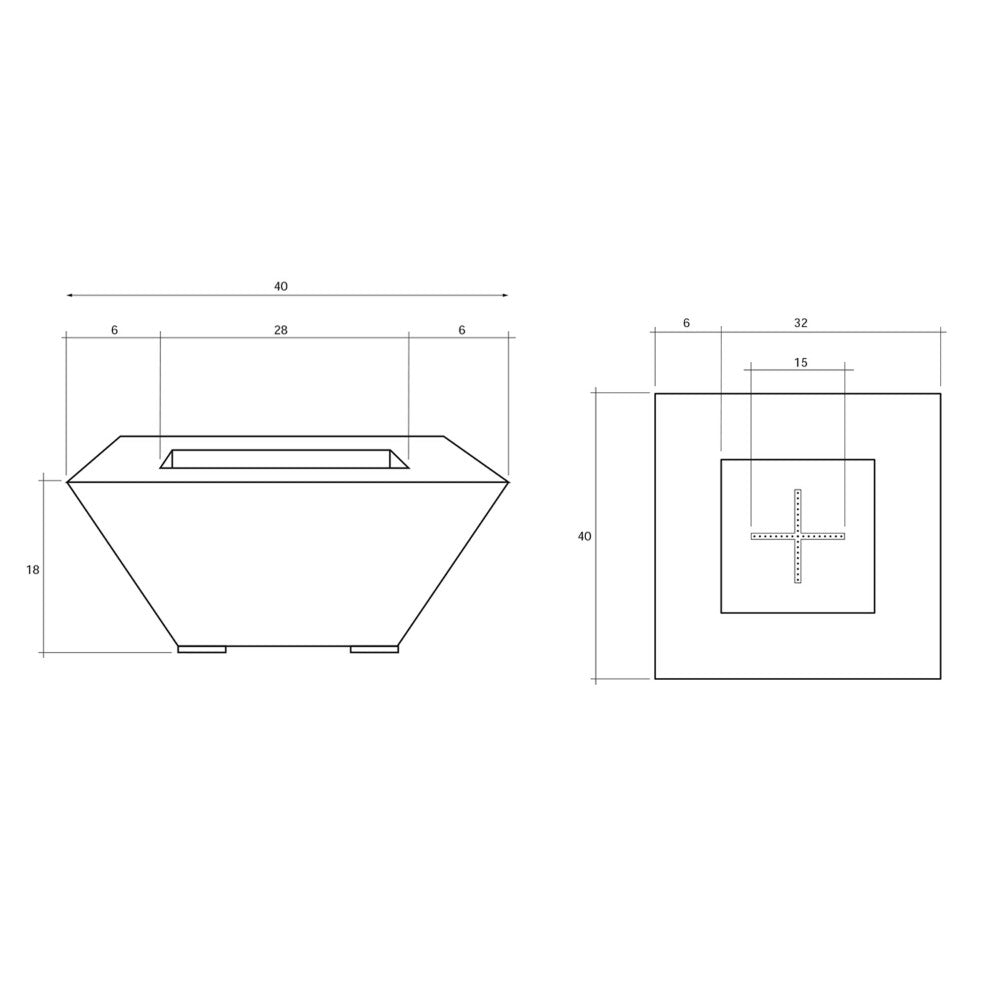 Square concrete gas fire pit table with open burner tray and concealed base