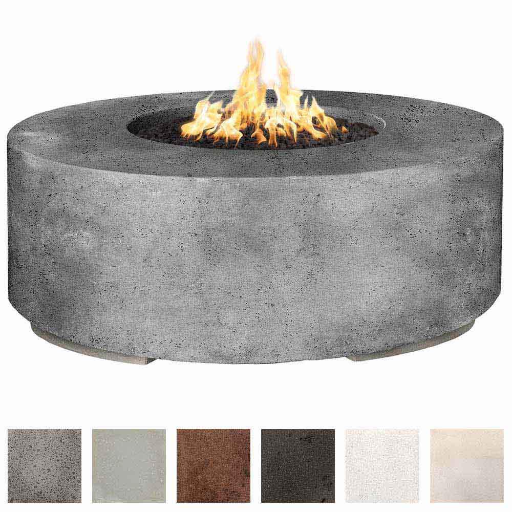 Gray round concrete gas fire pit with open burner bowl and visible flames