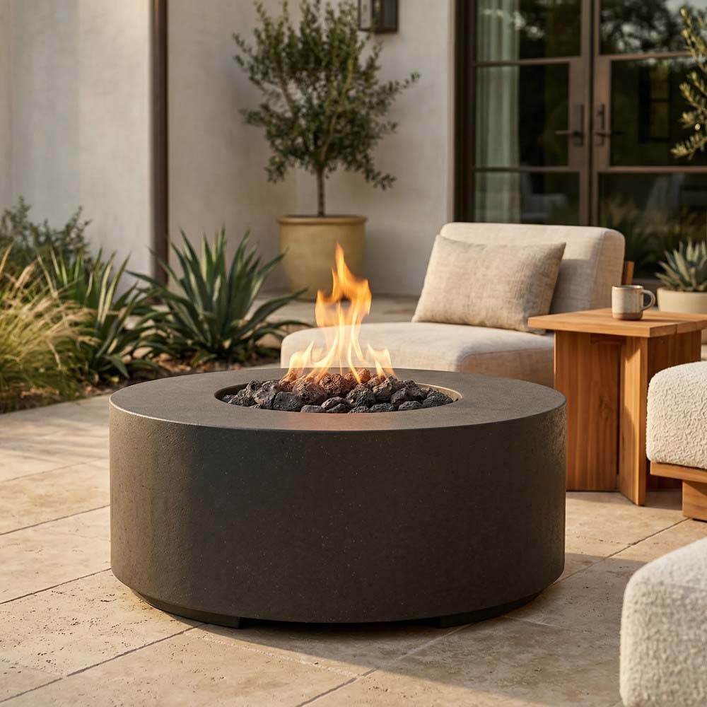 Dark gray round concrete gas fire pit with lit burner and visible flames