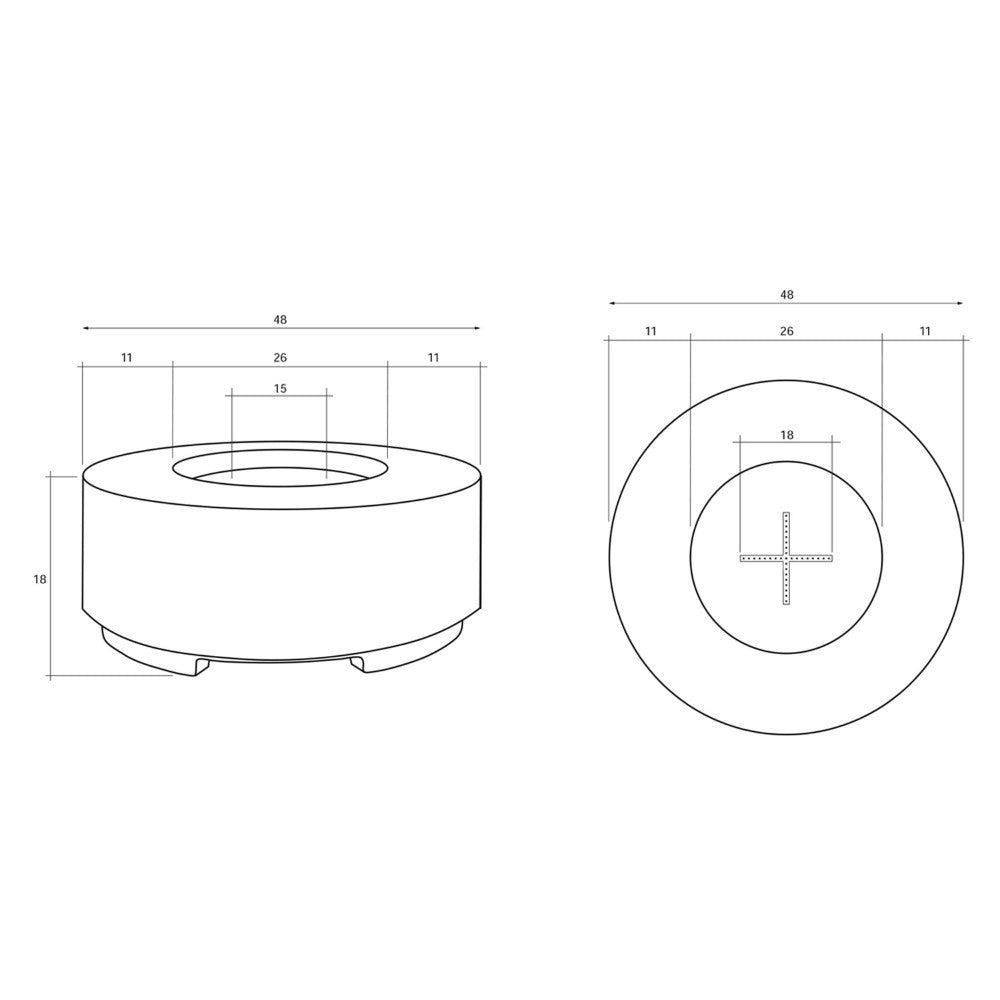 Round gas fire pit technical line drawing with top and front dimensions