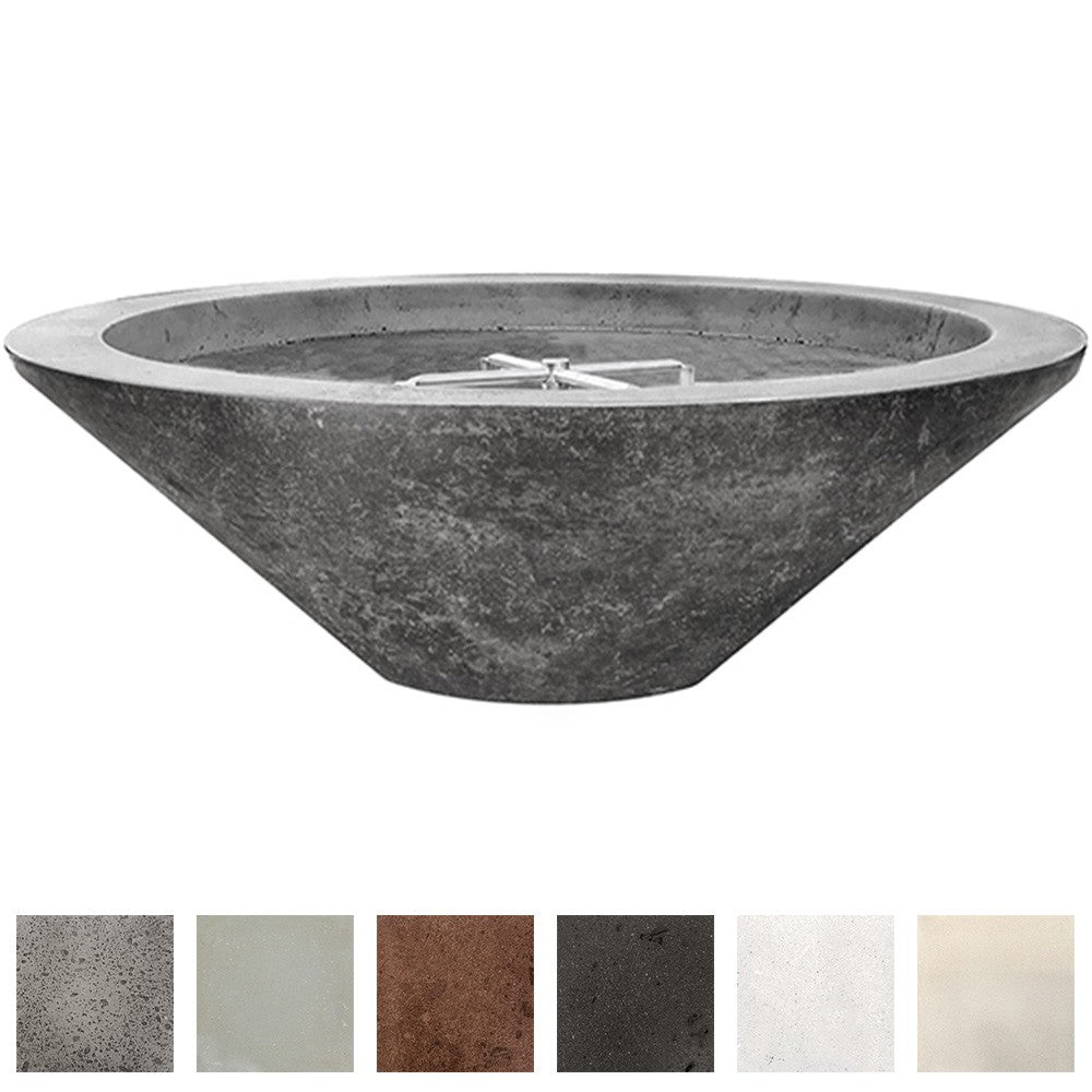 Dark gray concrete gas fire pit bowl with burner plate detail in top opening