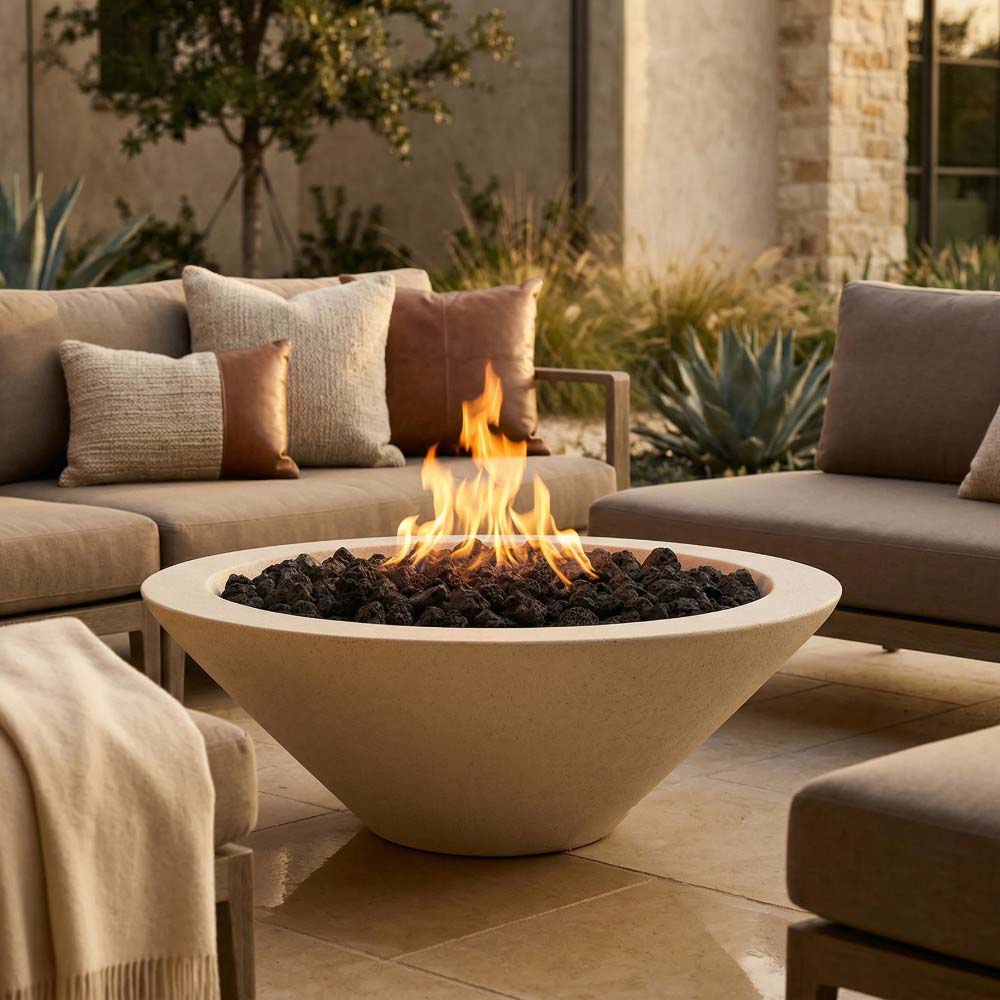 Beige concrete gas fire pit bowl with flames and black lava rocks