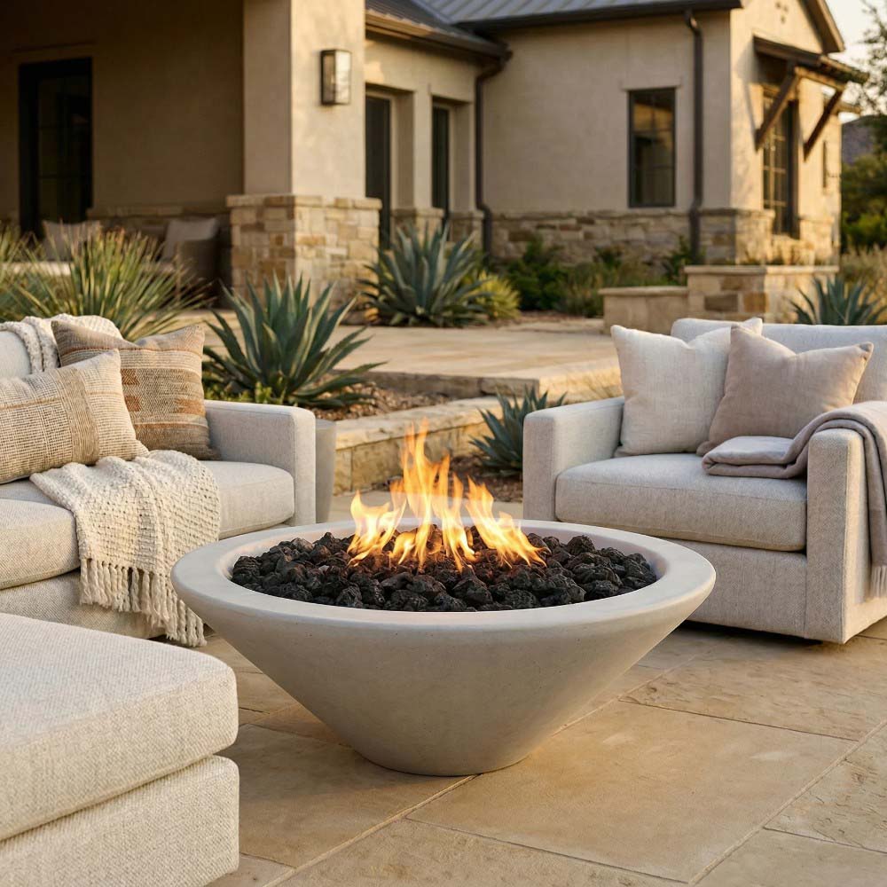 Outdoor concrete gas fire pit with open round bowl and visible flames, gray tone