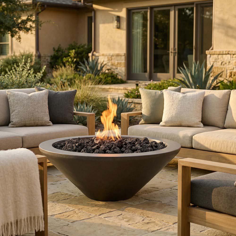 Brown concrete gas fire pit bowl with flames and black lava rocks on patio