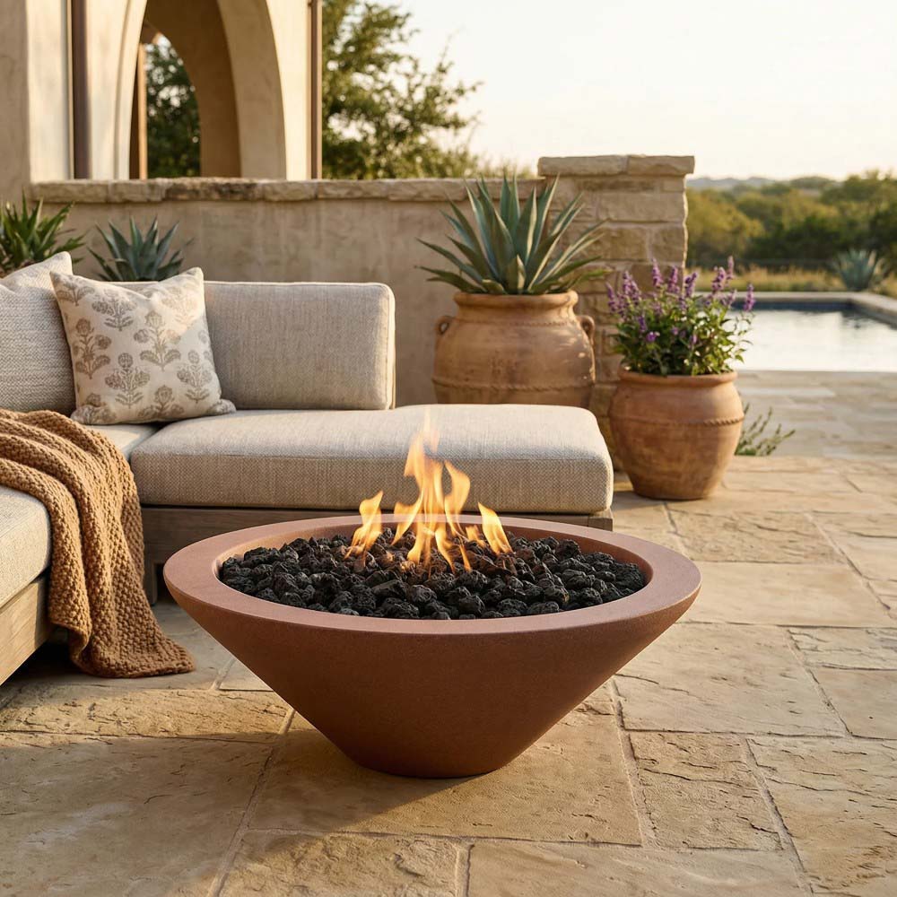 Terracotta concrete gas fire pit bowl with flames and black lava rocks