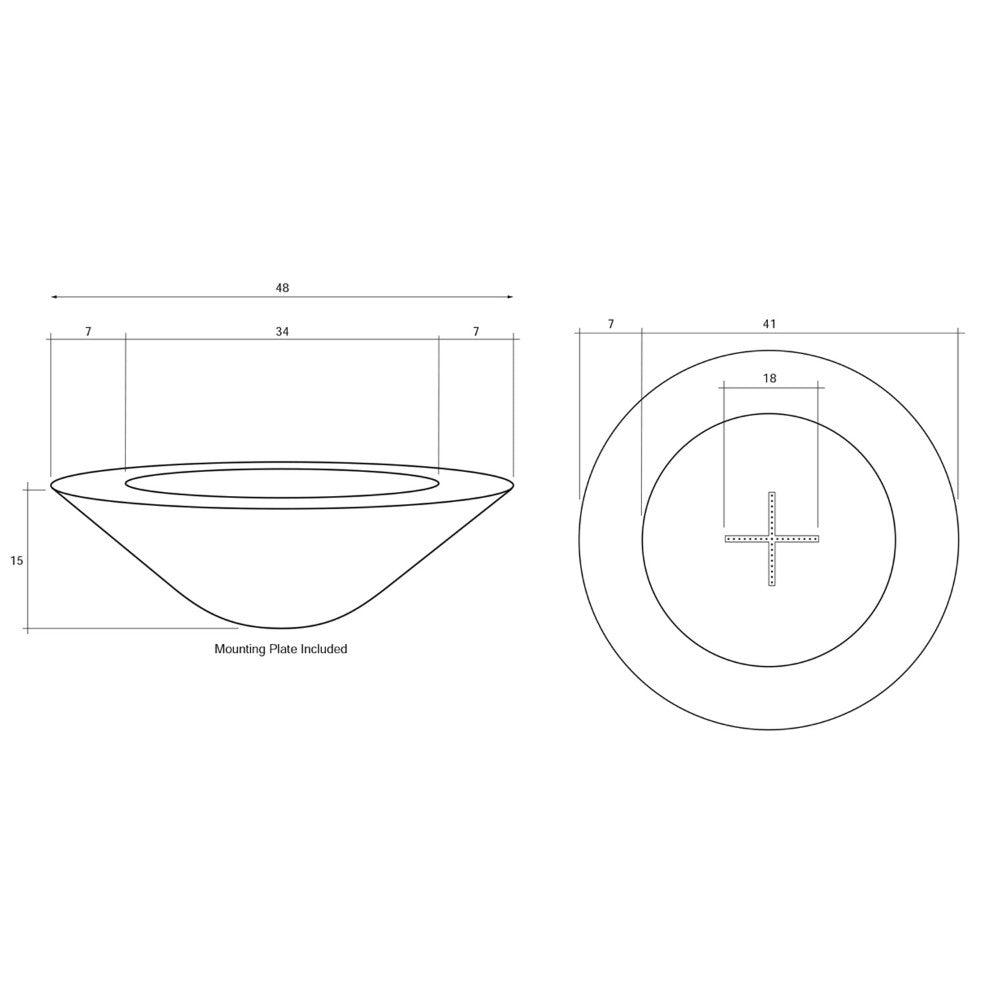 Technical line diagram of concrete gas fire pit dimensions and mount plate