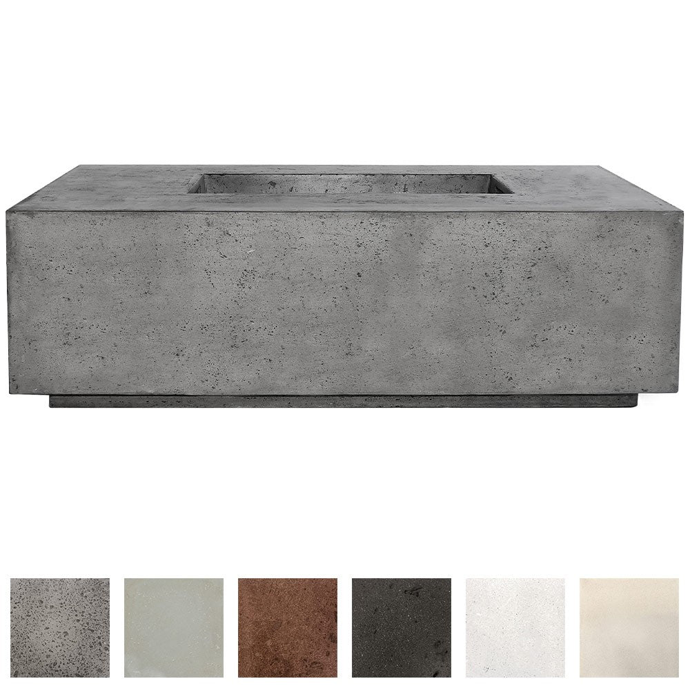 Gray concrete gas fire pit shown with inset burner opening and finish swatch strip
