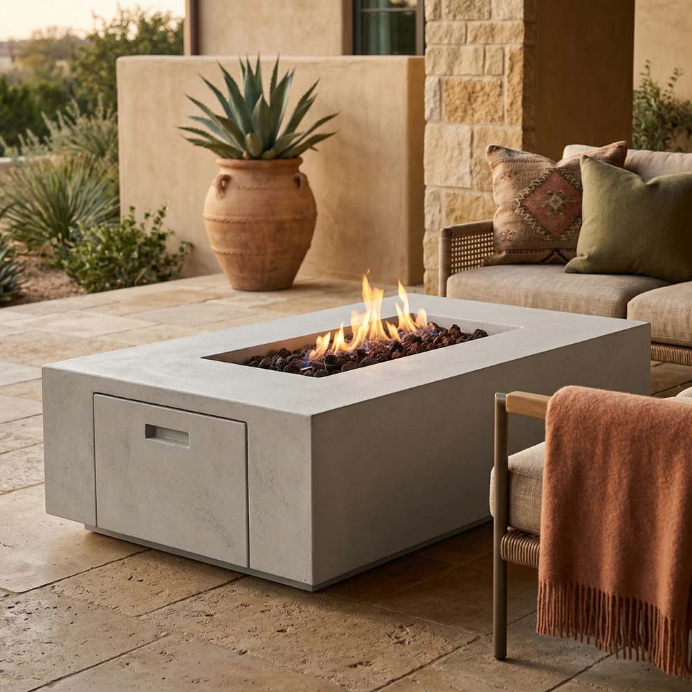 Rectangular concrete gas fire pit with flames in the center and side control panel door