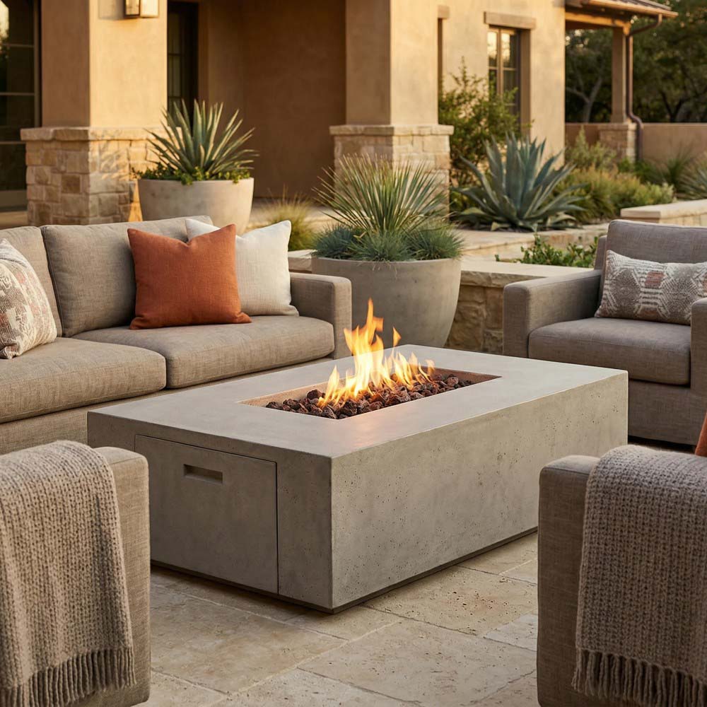 Concrete gas fire pit with rectangular fire bowl and side access doors, flames visible