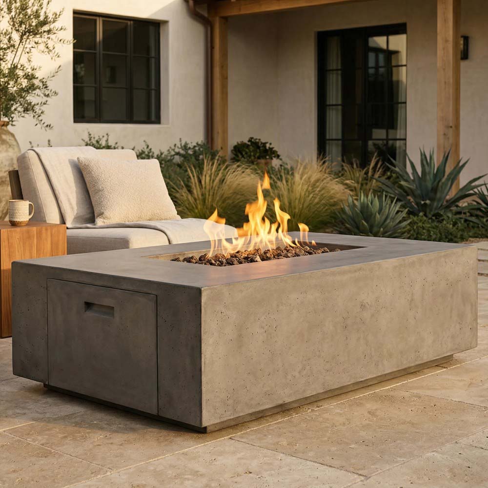 Rectangular concrete gas fire pit with visible flames and panel door fronts