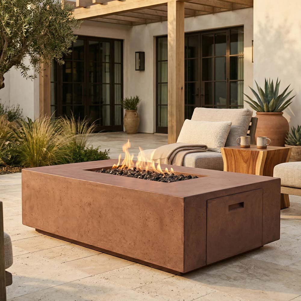 Concrete gas fire pit with flames visible in open firebox and side door panels