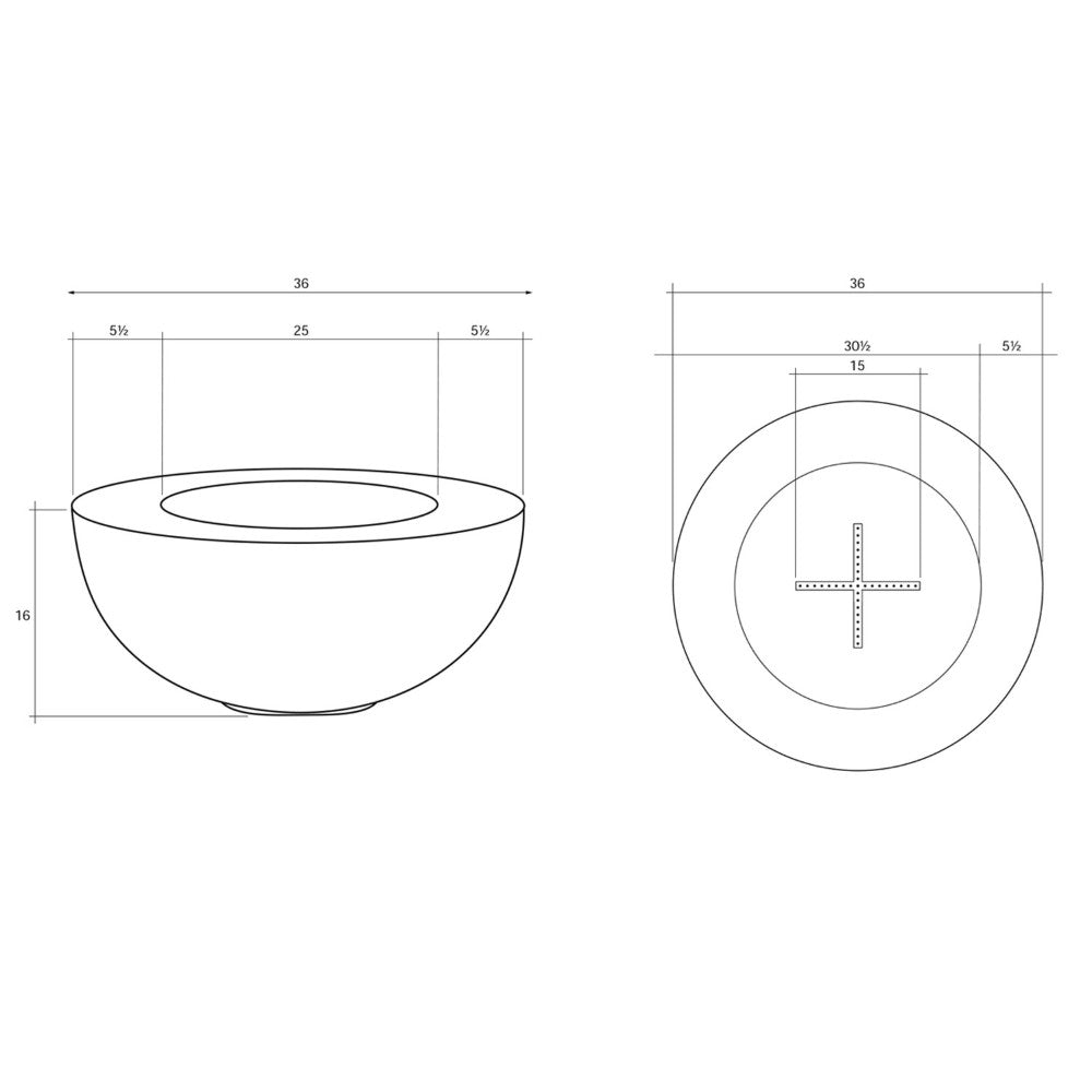 Round concrete gas fire pit dimension diagram with top and front views