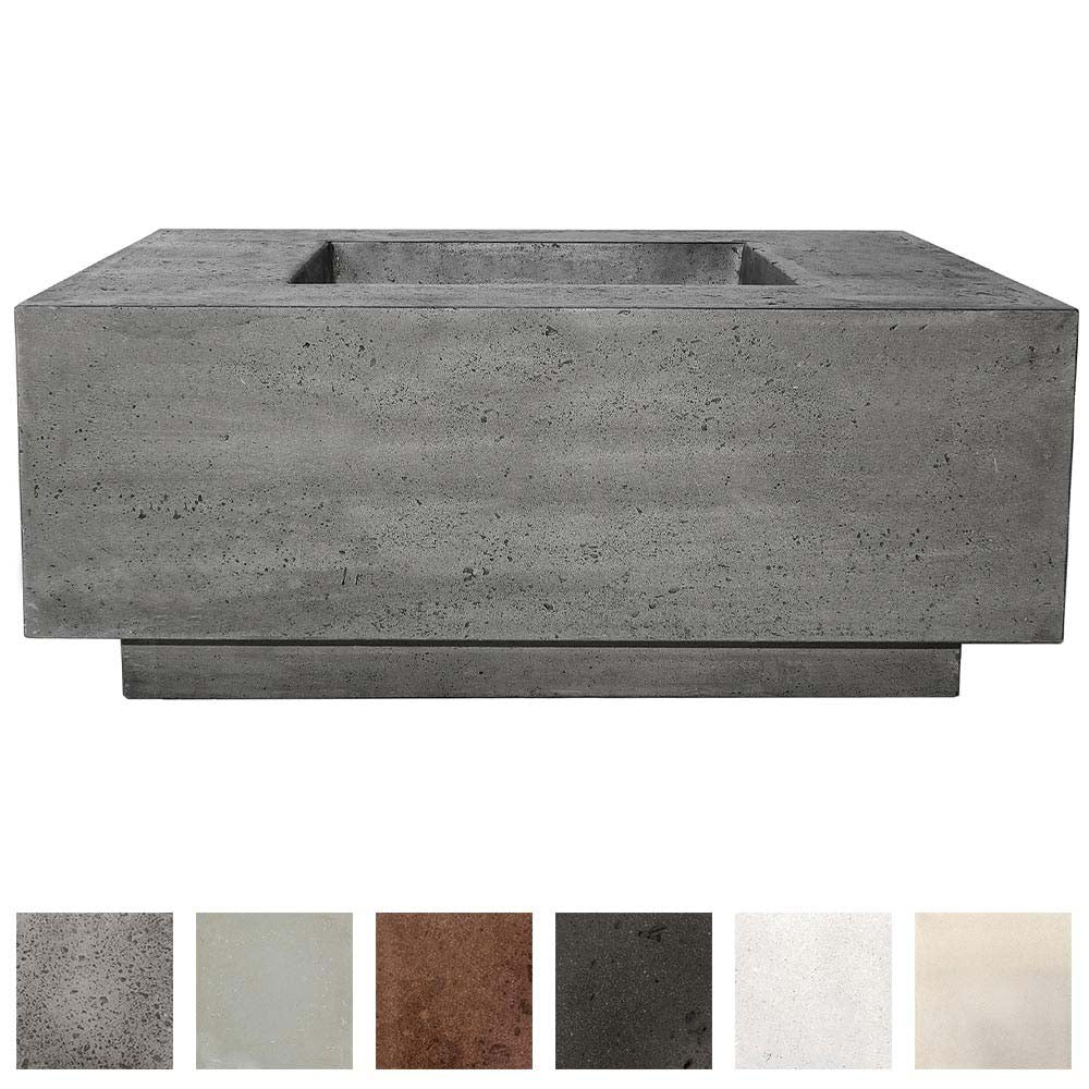 Square concrete gas fire pit with central burner pan and dark gray surround