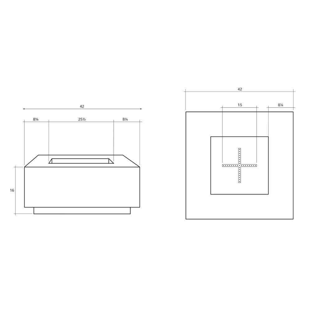 Square concrete gas fire pit dimension diagram showing burner opening and measurements