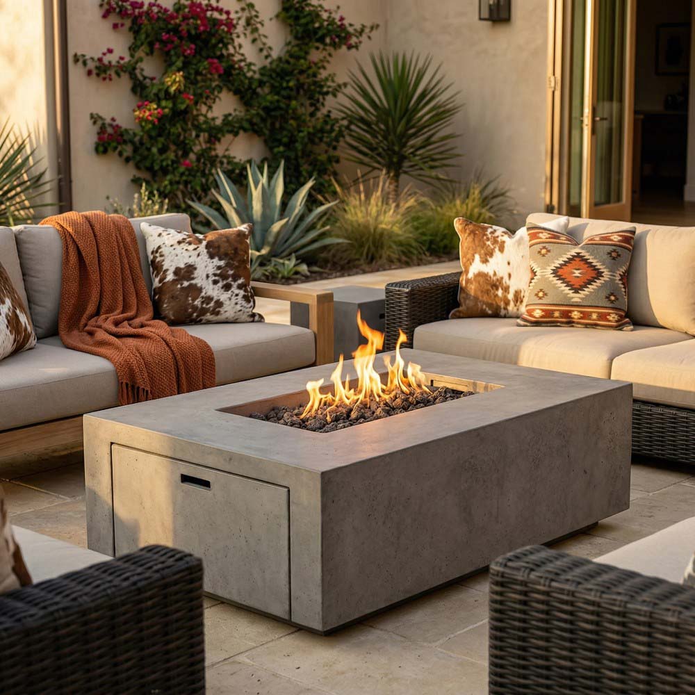 Rectangular concrete propane gas fire pit with open flame in a backyard seating area