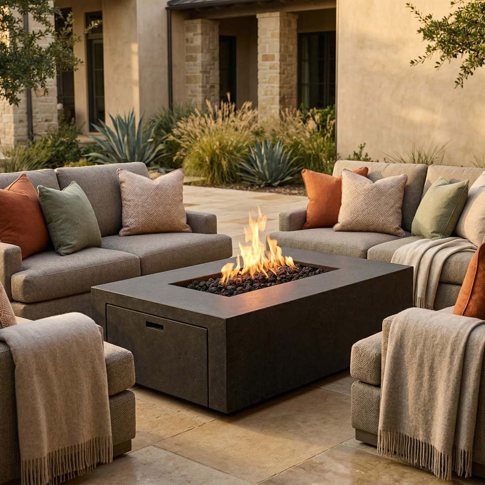 Rectangular concrete propane gas fire pit with flame surrounded by outdoor patio seating