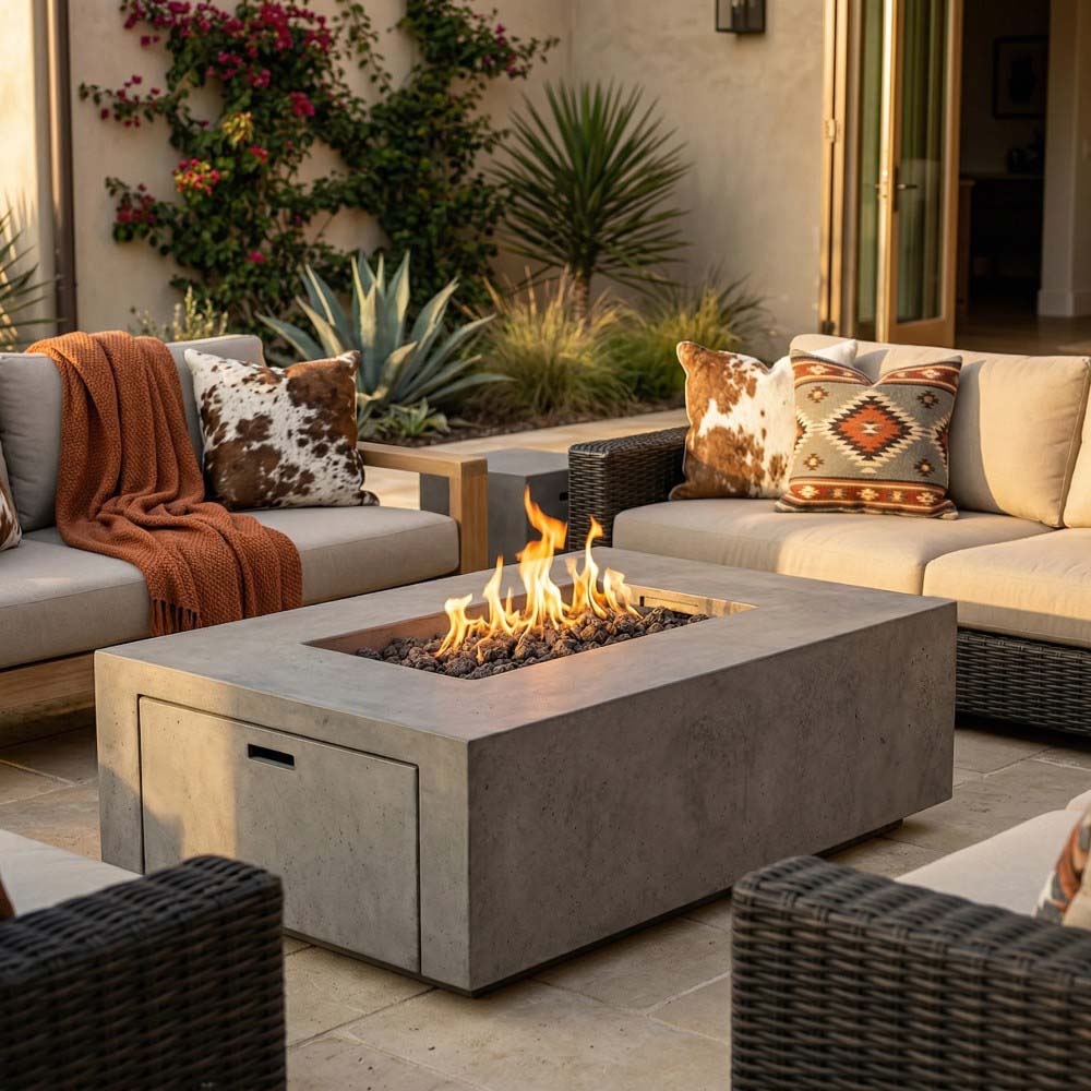 Rectangular concrete propane gas fire pit with flame, front control access door visible