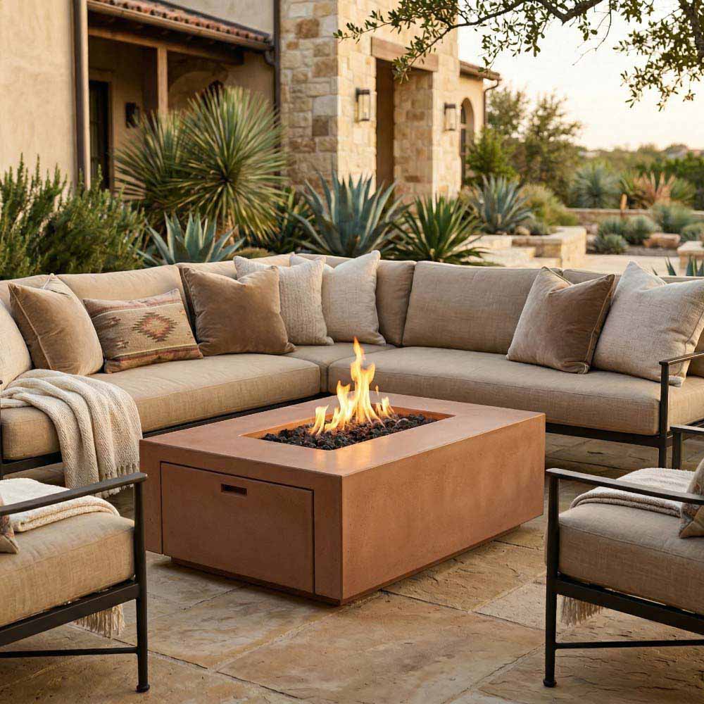 Concrete propane gas fire pit with flame in an outdoor patio lounge setting
