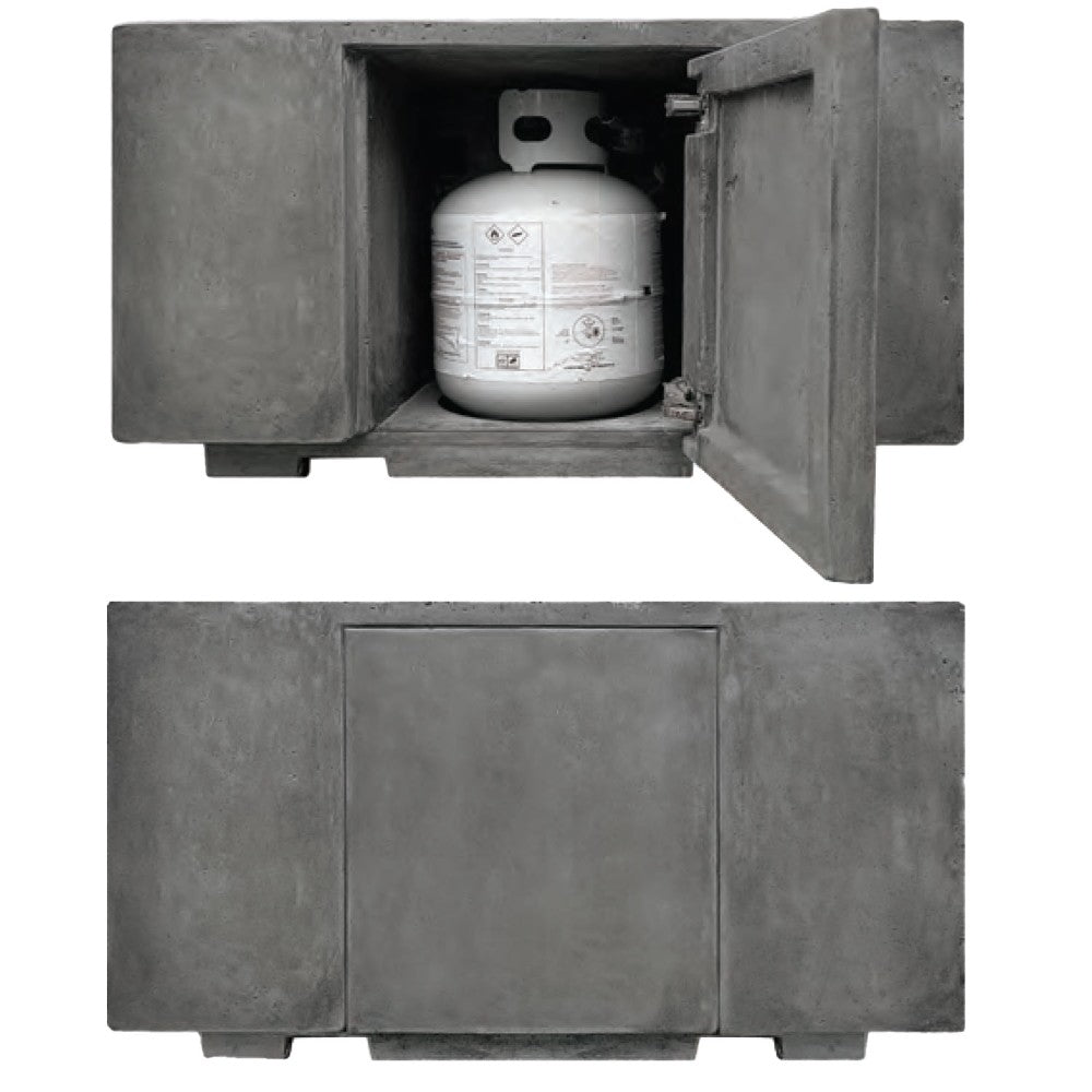 Concrete gas fire pit with open propane tank access compartment and closed access door