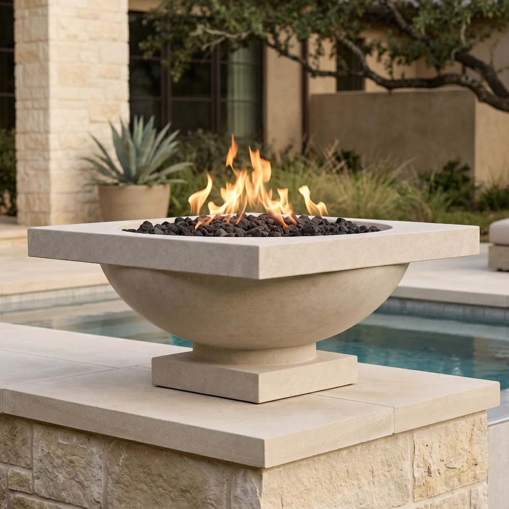 Natural light-beige concrete gas fire bowl with open flame and black lava rocks