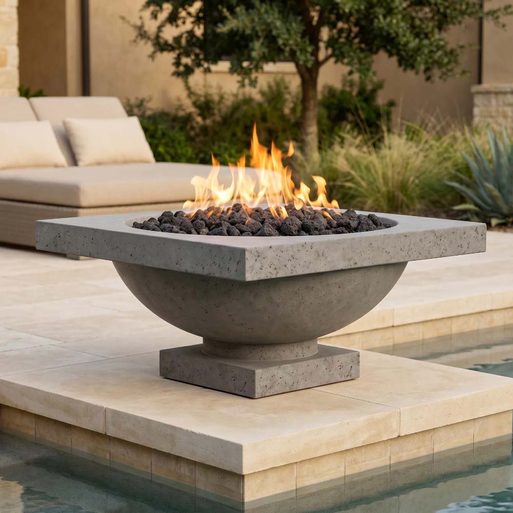 Gray concrete gas fire bowl with square base, open flame above black lava rocks