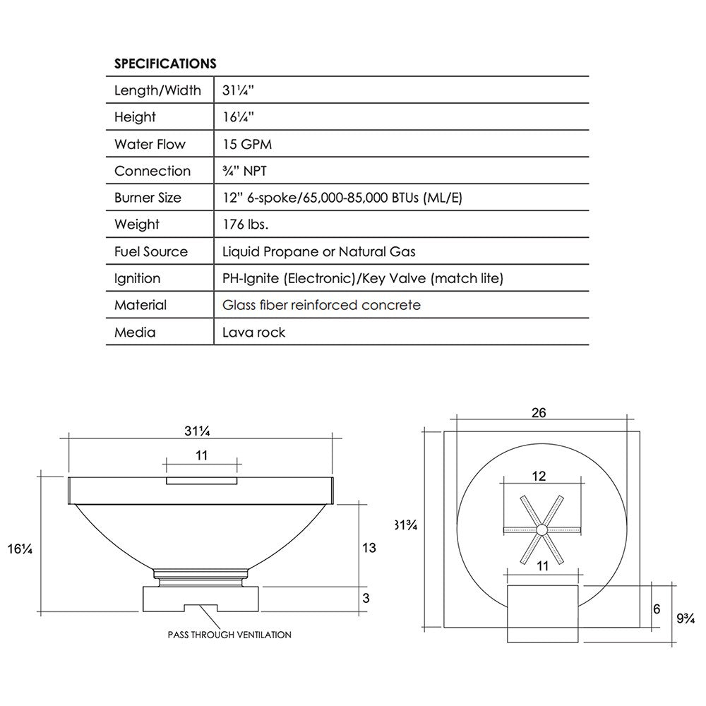 Fire bowl specifications diagram with dimensions, burner details, and ignition info