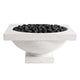 Ultra white speckled concrete gas fire bowl filled with black lava rocks, front view