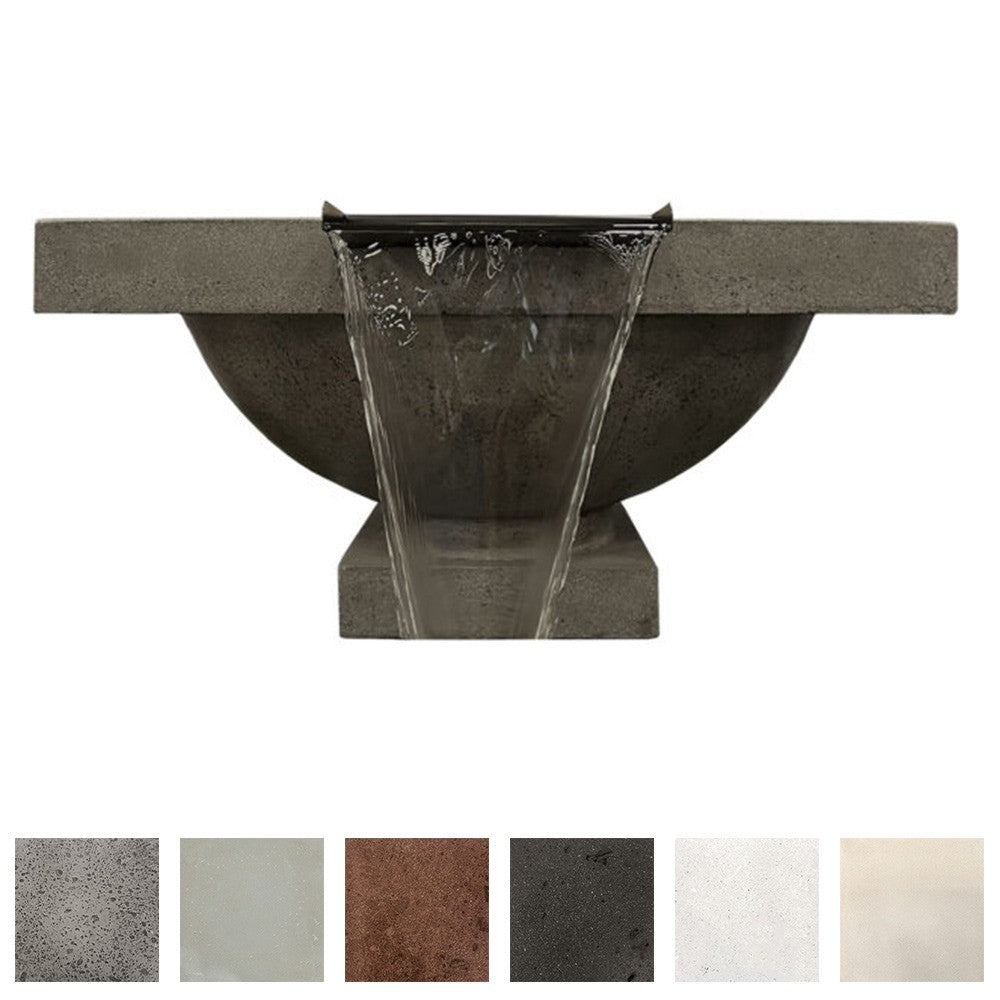 Dark concrete gas fire and water bowl front view with finish swatch strip.