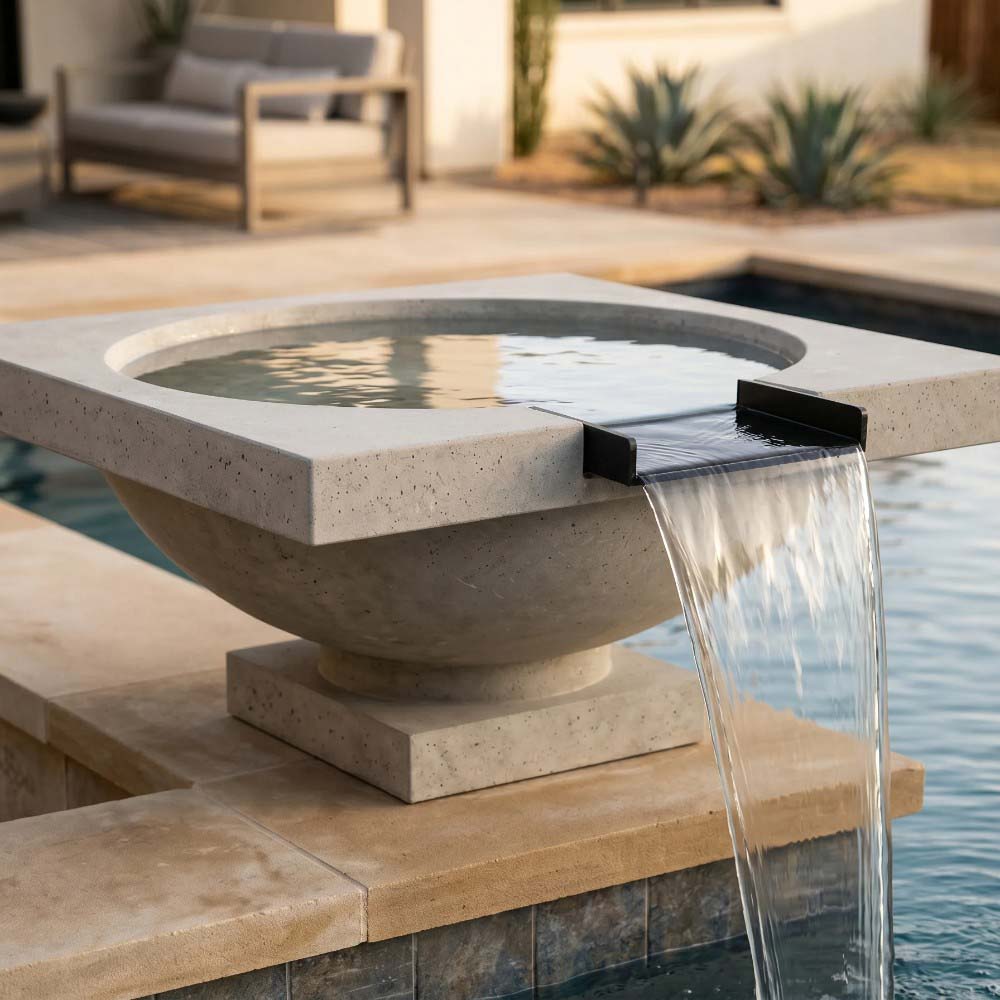 Light concrete gas fire and water bowl with circular basin and flowing water.