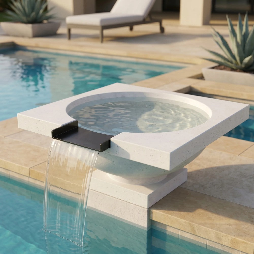 Speckled light concrete gas fire and water bowl with cascading water spout.