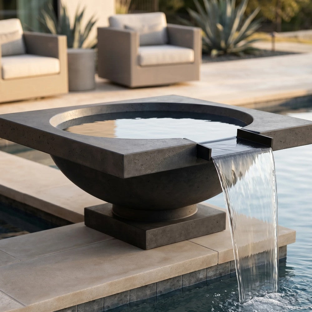 Ebony concrete gas fire and water bowl with water pouring from side spout.
