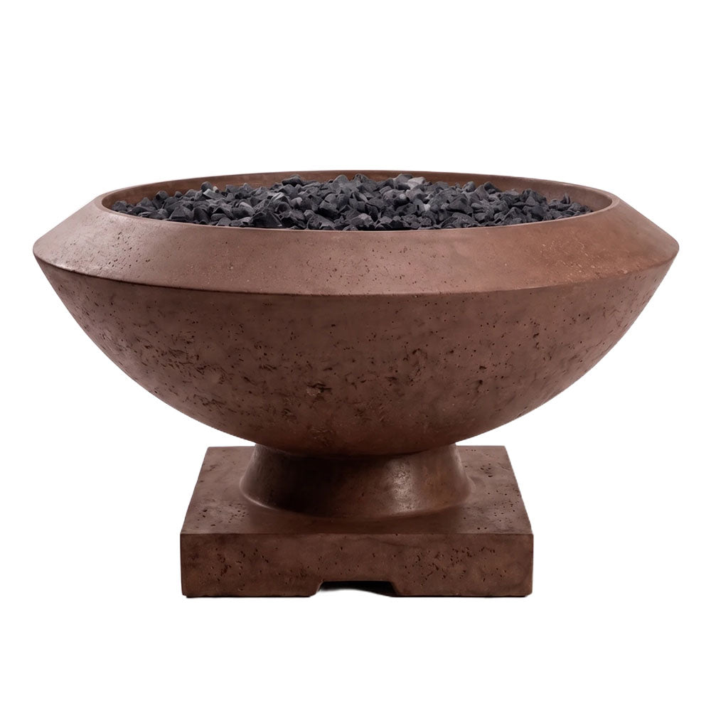 Concrete gas fire bowl in brown concrete finish with black lava rock