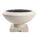 Light concrete gas fire bowl with round basin and black fire glass; pedestal base