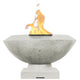Concrete gas fire bowl with flame in ultra white finish and rounded basin