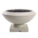 Concrete gas fire bowl in white concrete finish with black lava rock