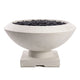 Concrete gas fire bowl in light gray concrete finish with black lava rock