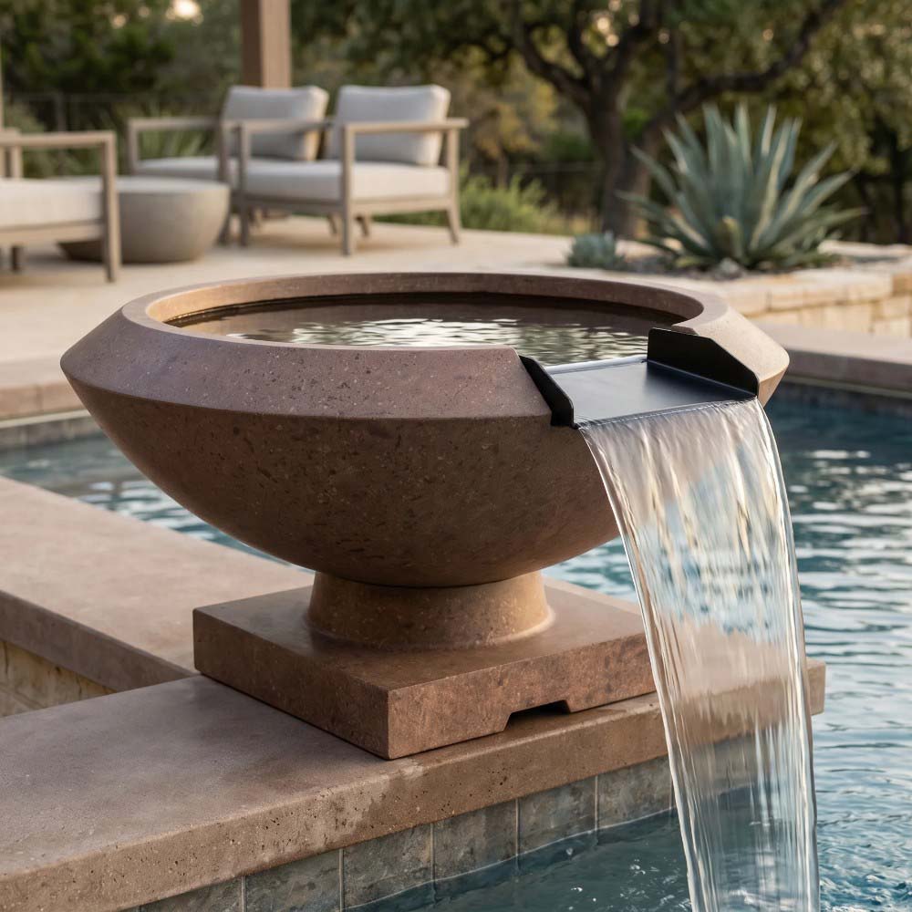 Prism Hardscapes Toscano concrete gas fire and water bowl with tall water stream