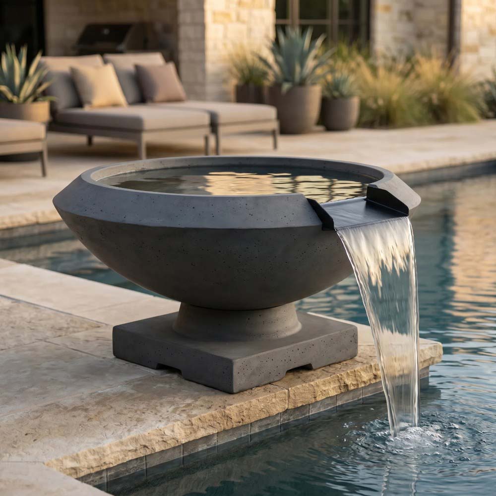 Prism Hardscapes Toscano concrete gas fire and water bowl with water pouring spout