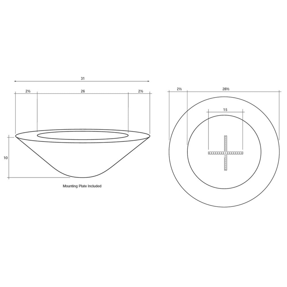 31-inch pedestal gas fire pit technical drawing with mounting detail and top view