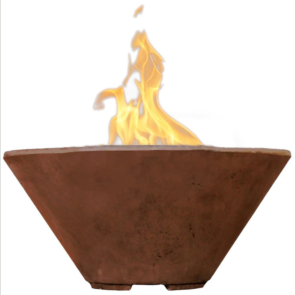 Cafe concrete gas fire bowl with open flame and triangular bowl shape