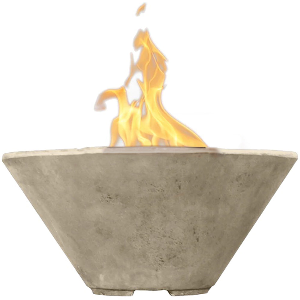 Light concrete gas fire bowl with open flame and triangular bowl shape