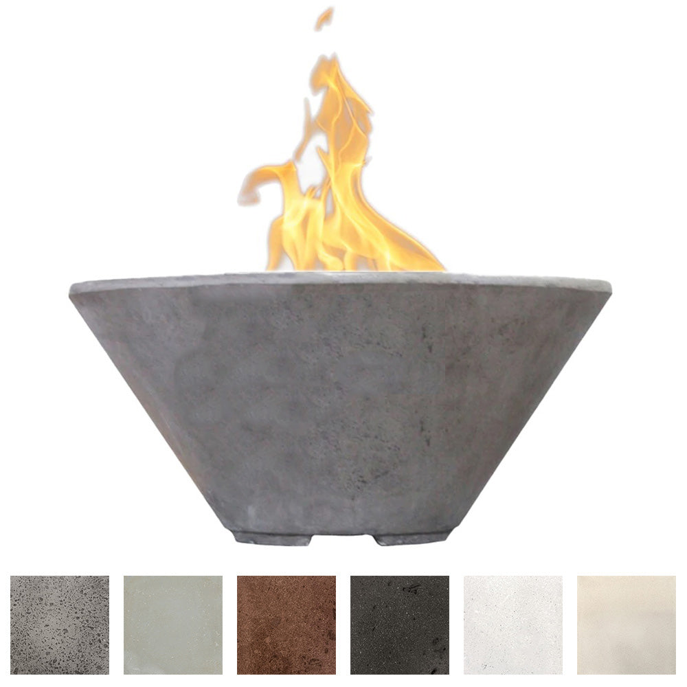 Gray concrete gas fire bowl with open flame and small vent openings at base
