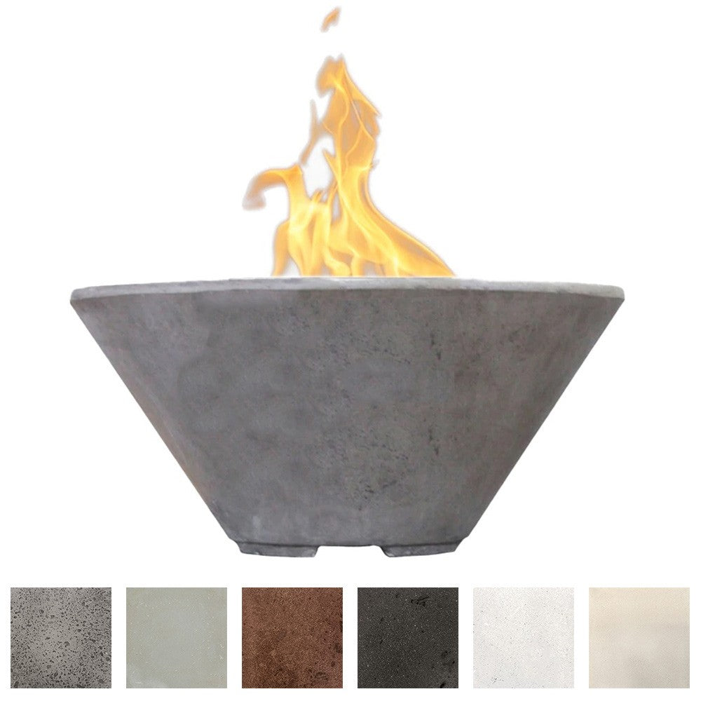 Gray concrete gas fire bowl, 32.5-inch, with open flame