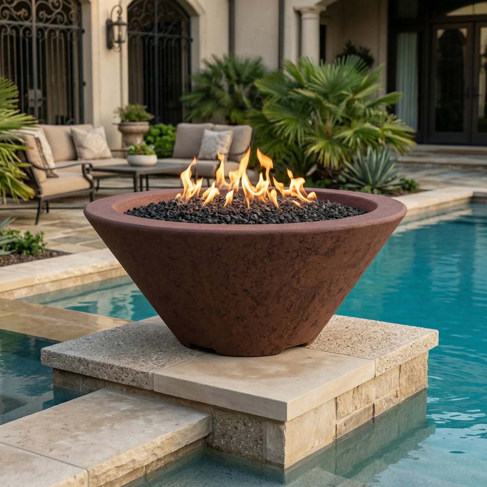 Cafe brown concrete gas fire bowl with open flame on stone platform, black lava rock
