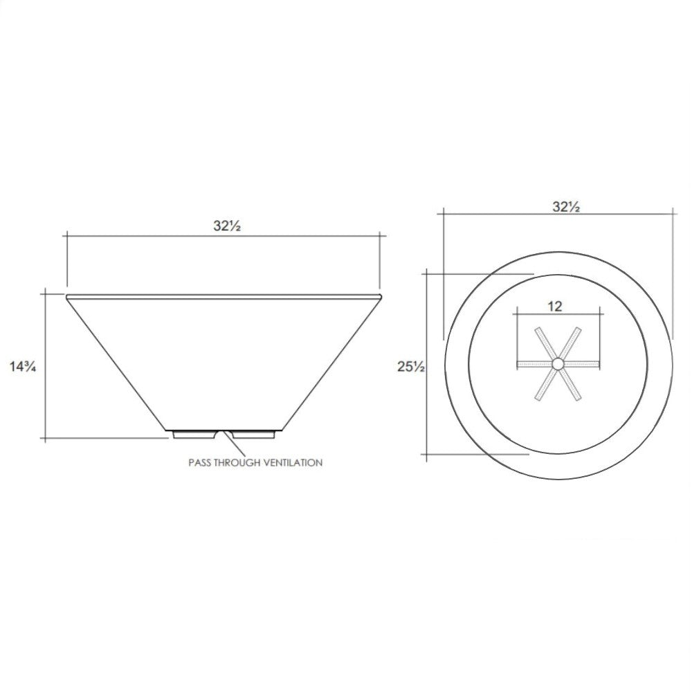 Concrete gas fire bowl diagram with vent and circular burner dimensions