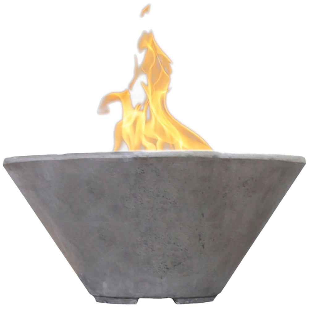 Pewter concrete gas fire bowl with open flame and triangular bowl shape