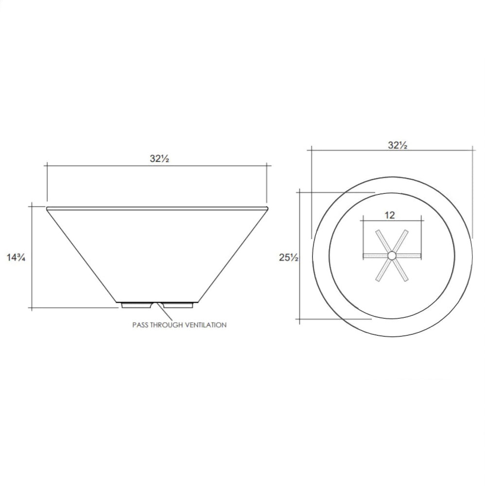 Concrete gas fire bowl diagram showing pass-through ventilation and 32 in dimensions