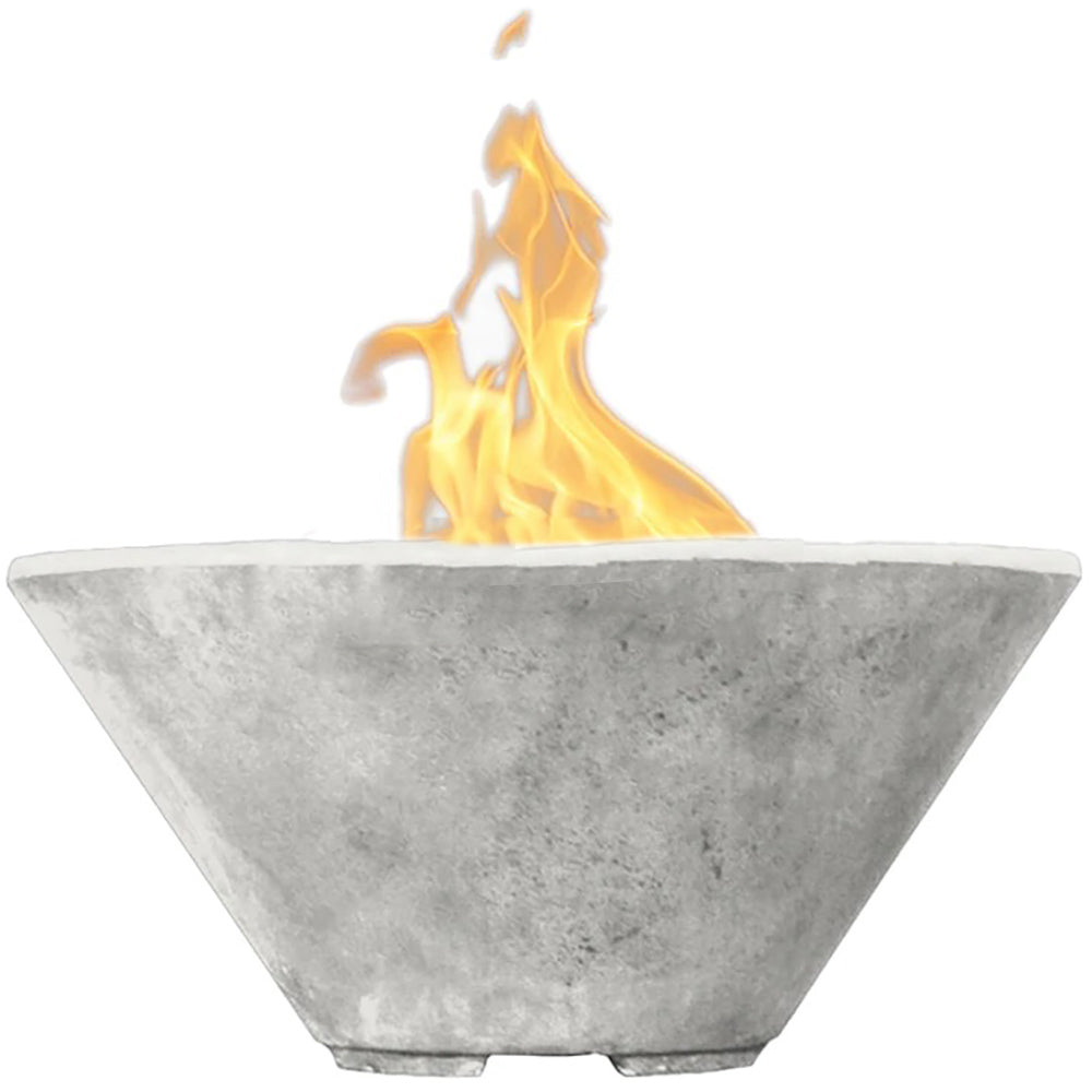 Light gray concrete gas fire bowl with open flame and triangular bowl shape