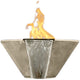 Concrete gas-and-water fire bowl with yellow flame, light gray exterior and silver liner
