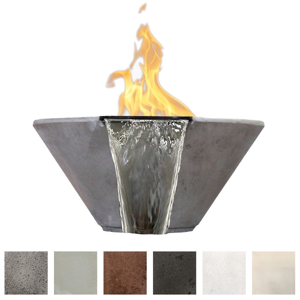 Dark gray concrete gas fire and water bowl with tall flame centerpiece